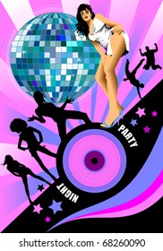 Party at a nightclub decorated in red (vector illustration);