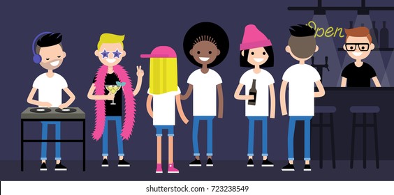 Party in a nightclub. An international group of young adults drinking alcohol and having fun / flat editable vector illustration, clip art