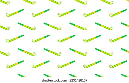 Party noisemakers background. Green and yellow blowers seamless pattern. Sound whistles for birthday celebration. Scrapbooking or wrapping paper, fabric print design. Vector cartoon illustration
