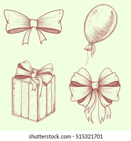 Party objects set. Holiday Christmas gift box. Hand drawing sketch illustration