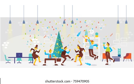 Party in office. Business people Celebrate Merry Christmas And Happy New Year. They dancing , having fun and drinking alcohol at a party. Cartoon style, flat vector illustration.