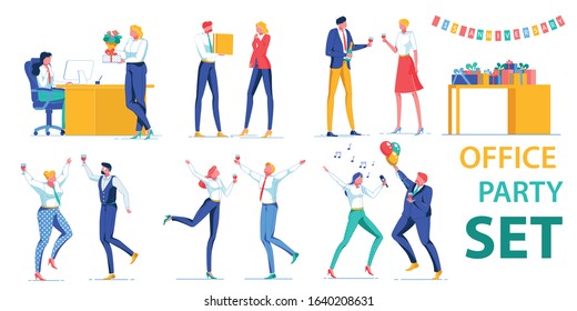 Party in Office Set. Woman Giving Present to Secretary. Man Congratulating Colleague. Workers Celebrating Fifteen Anniversary with Sparkling Wine. Raising Glasses and Singing Karaoke with Workmates.