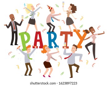 Party At The Office, Vector Illustration. Typography Poster With Dancing People, Funny Cartoon Characters, Business Employees Celebrating. Birthday Party At Work, Corporate Event Invitation Flat Style