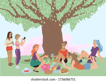 Fiesta en la naturaleza, despedida de soltero en el parque, un picnic con amigos. Las mujeres se comunican, comen y beben. Actividades al aire libre con amigos. Ilustración vectorial.