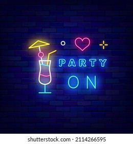 Party on neon signboard. Bar cocktail glass. Night club evening. Shiny greeting card. Laser sign. Holiday design on brick wall. Light emblem. Vector stock illustration