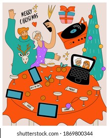 Party online. Bright funny poster for Christmas online party. Online celebration of Christmas and New Year during the period of the coronavirus pandemic. Video calls, family, christmas tree, gadgets