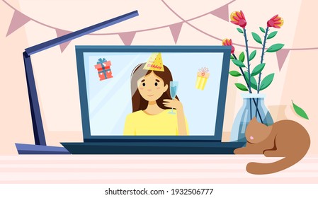 party online. Congratulation screen. online holiday concept. Vector illustration in flat style