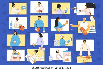 Party online. Holiday celebration remote. Videoconferencing friends event. Congratulation for close people. Virtual friends meeting for fun, exchange gifts, talk and drink wine. Vector illustration.