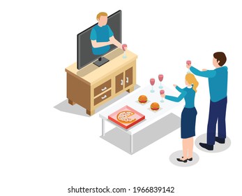 Party online vector concept. Happy parents celebrating their son birthday while doing video call by using computer