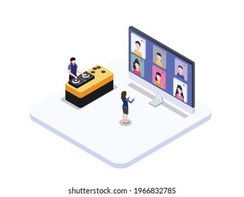 Party online vector concept. Young woman making party on video conference during pandemic of corona virus