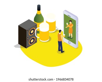 Party online vector concept. Young man drinking beer with his girlfriend while doing video call by using smartphone