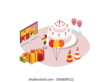 Concepto vectorial en línea de partido. Joven celebrando su fiesta de cumpleaños con sus amigos mientras hacen videollamadas usando computadora