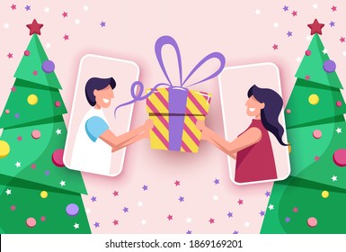 Party online, video call. Friends celebrate Christmas and New Year online using mobile phones. Christmas new normal concept with man and woman