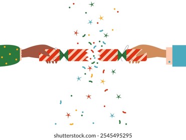 Galleta abierta de fiesta con confeti. Diversión festiva. Felices Navidades y Feliz Año Nuevo. Abre con destellos de serpentina. Diversión festiva. Galleta de Navidades rotas con serpentinas. Festiva petard flapper sorpresa