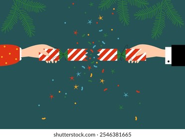 Party open cracker with confetti. Festive fun. Merry Christmas and Happy New Year. Open with serpentine sparkles. Festive fun. Broken Christmas cracker with streamers. Holiday petard flapper surprise