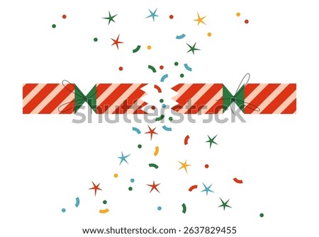 Party open cracker with confetti. Festive fun. Merry Christmas and Happy New Year. Open with serpentine sparkles. Festive fun. Broken Christmas cracker with streamers. Holiday petard flapper surprise