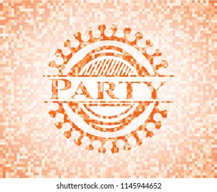 Party orange tile background illustration. Square geometric mosaic seamless pattern with emblem inside.
