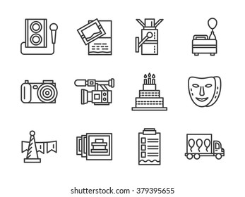 Party organization, creating a festive atmosphere. Photo, video service, equipment for party. Set of black simple line vector icons. Web design elements for business, website and mobile.