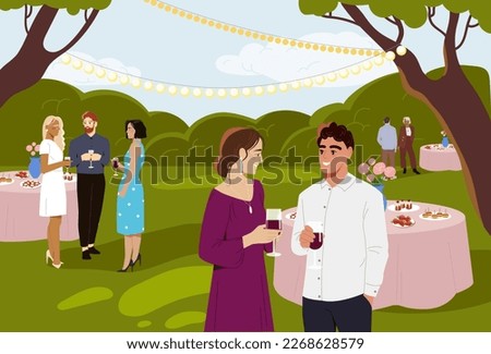 Party or outdoor event. Young men and women guests of holiday for informal conversation. Celebrating wedding or birthday in decorated garden or backyard. Cartoon modern flat vector illustration