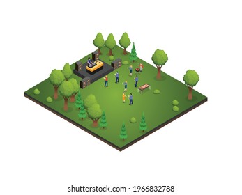 Party outdoors vector concept. Crowd young people dancing together and enjoying music from DJ in the park