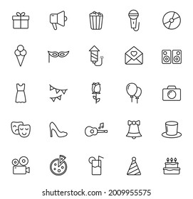 party outline vector icons isolated on white background. party celebration icon set for web and ui design, mobile apps, print polygraphy and promo advertising business