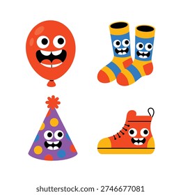 Party pack vector with orange balloon, smiling party hat, striped socks, sneaker, birthday bash poster, kids carnival, celebration branding