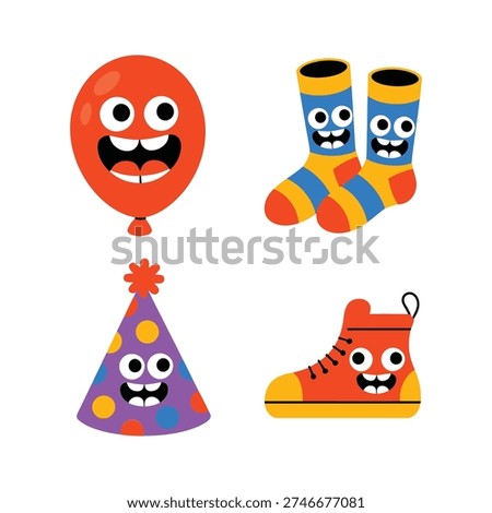 Party pack vector with orange balloon, smiling party hat, striped socks, sneaker, birthday bash poster, kids carnival, celebration branding