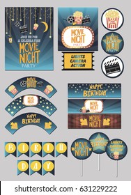 Party Package for Movie night party with gift tags, invitation card, banner, wrappers for cupcake and bottle. Vector illustration