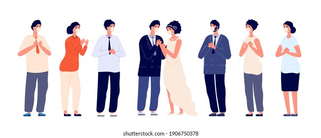 Party In Pandemic. Wedding Group Wear Face Masks, Couple Protected Guests. Safety Bridal Ceremony With Family And Friends Utter Vector Concept