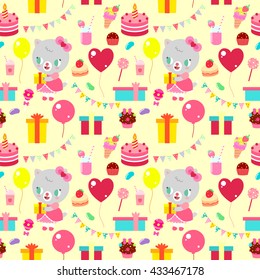 Party pattern with kittens. Gifts, greeting, wrapping paper and children's holidays pattern.
