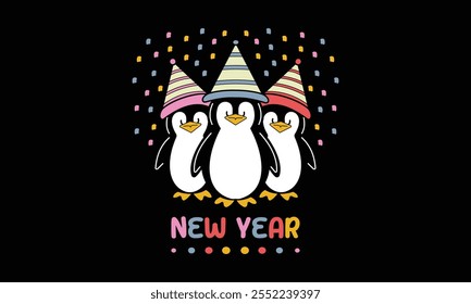 Party Penguin, New Year Vector T Shirt Design Template, Wall Art, Mug, Sticker, Banner, Tee, Hoodie, Printable, Illustration