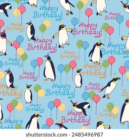 Party Penguins, Colorful Balloons and Happy Birthday on a Blue Background seamless pattern print background