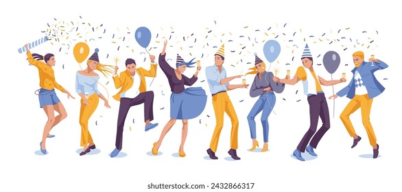 Party people celebrate their birthday. Different dancing funny characters isolated on white background. Vector flat 