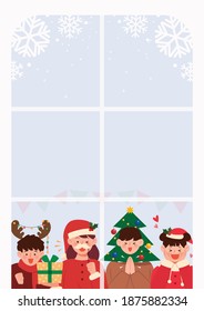 Party people in Christmas costumes are looking out the snowy window. Christmas celebratory vector illustration background.