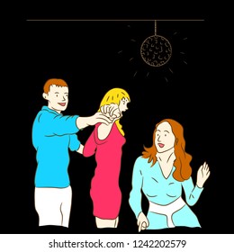 Party people in club. Man and woman dancing in a disco club. Cartoon hand drawn vector illustration.
