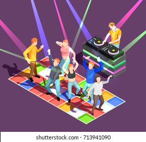 Party people dancing on colorful floor at disco 3d isometric vector illustration