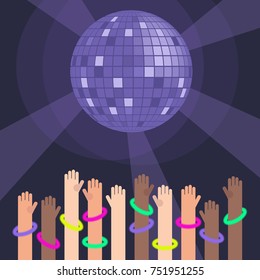 Party people. Disco night. Raised hands wearing neon bracelets on the dance floor. Young people having fun at the night club. Party poster. Copy space. Flat vector illustration, clip art