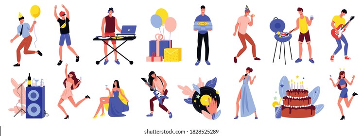 Party people flat set with singing dancing playing guitar barbecuing holding vinyl record funny characters vector illustration 