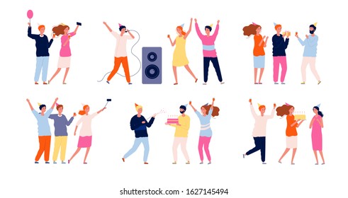 Party people. Friends at birthday celebrating dancing playing and eating have a fun vector characters