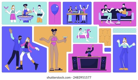 Juego de ilustración de cuadrícula de bento divertido para gente de fiesta. Celebración barbacoa de cumpleaños Imagen de Vector 2D collage diseño colección gráfica. Clubbing jóvenes adultos, dj personajes planos femeninos diseño de moodboard