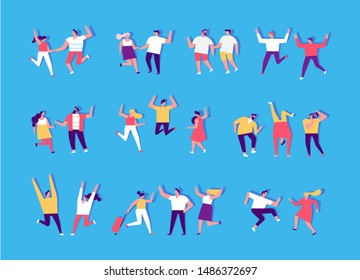 Party people. Group of male and female cartoon characters having fun at party. Crowd of young people  dancing at club or music concert. Flat colorful vector characters isolated on blue background.