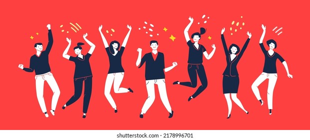 Party People. Happy Group Men And Women, Friends Have Fun And Rejoice. Birthday, Holiday Event Concept. Cartoon Vector