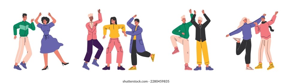 Party people. Happy guys and girls dancing and moving by music. Young men and women in bright modern clothes. Cheerful persons. Dancers couples and groups. Vector friends