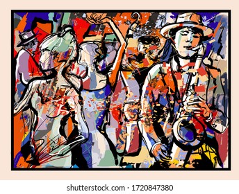 Fiesteros que se divierten en discoteca con saxofonista y doble bajo - ilustración vectorial (Ideal para imprimir en tela o papel, afiche o papel pintado, decoración de casa) Paisaje totalmente ficticio