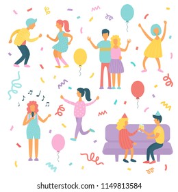 Party people icons. Set of young people dancing, drinking alcohol and having fun. Vector illustration.