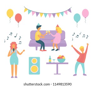 Party people icons. Set of young people dancing, drinking alcohol and having fun. Vector illustration.