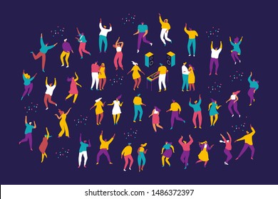 Party people. Large group of male and female cartoon characters having fun at party. Crowd of young people  dancing at club or music concert. Flat colorful vector illustration on dark background.