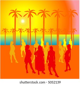 Party people at the open area with silhouettes. The sun and palm trees