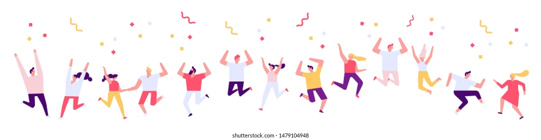 Party people vector horizontal banner. Dancing people. Flat vector characters. Birthday party, student party, celebration, event. Happy people isolated on white background.