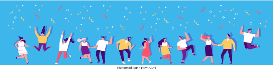 Party People Vector Horizontal Banner. Dancing People. Flat Vector Characters. Birthday Party, Student Party, Celebration, Event. Happy People Isolated On Blue Background.